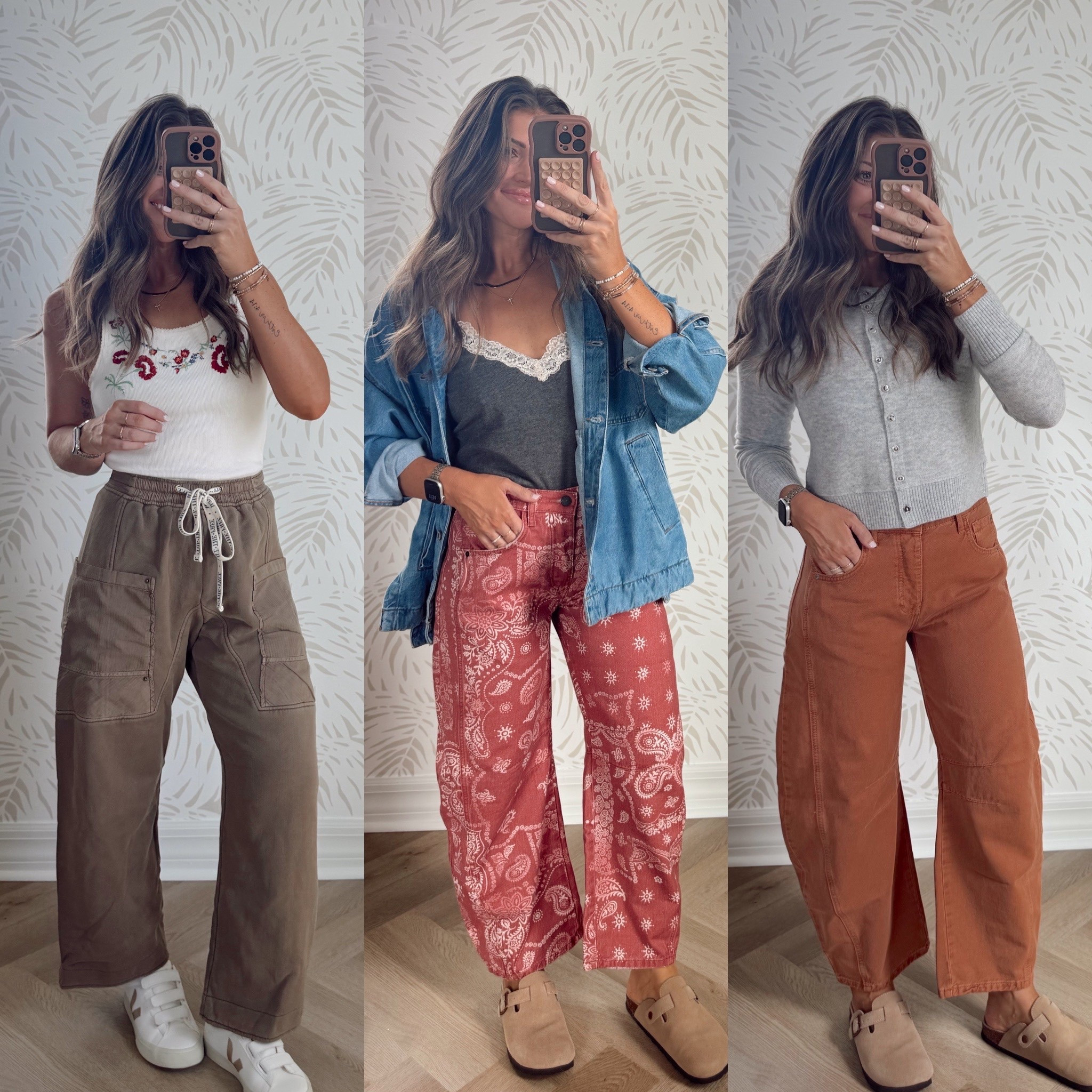 The absolute most unique & cool girl pants for fall! I went down one size in both to a 25. XS in the brown (my second color in these!! I can’t get enough of them — perfect for everyday comfy but still cute!). You can beat a statement pair of pants that have these stunning details BUT yet are sooo comfortable & simple to throw on with a tee or sweater and be ready so easily. 👌🏻🤎🧡❤️ #freepeoplepartner @freepeople #fallbreak #thanksgivingoutfit #falltrip #falloutfits #momootd #momoutfits #everydaystyle 