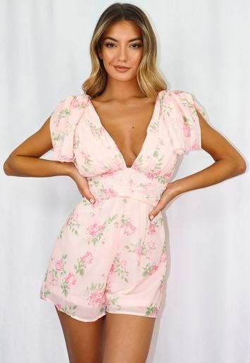 Pink Floral Print Ruffle Sleeve Romper | Missguided (US & CA)