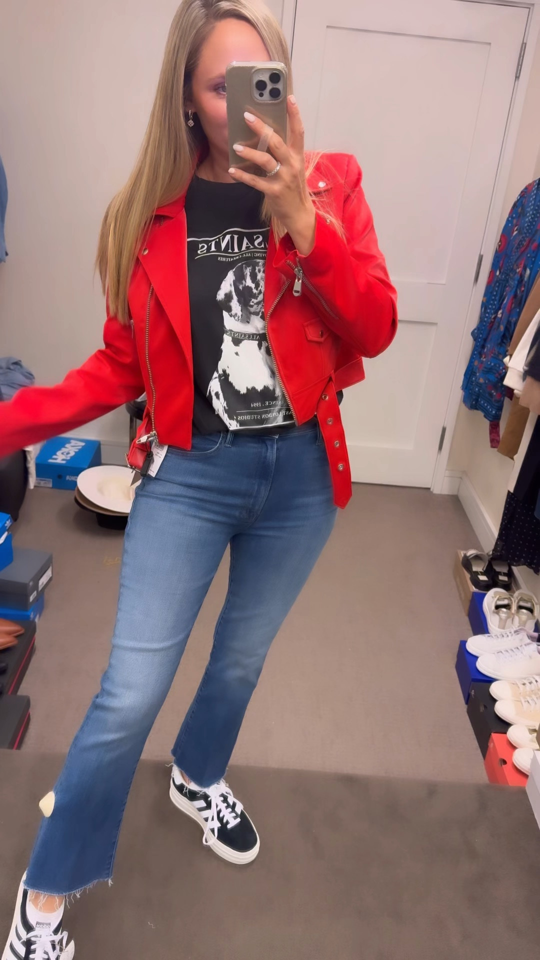 Gorgeous red Moto jacket wearing a size small part of the Nordstrom anniversary sale. These are also my favorite and sale denim high waist perfect mother hustler denim wearing a 28.  

#LTKSummerSales #LTKOver40 #LTKxNSale