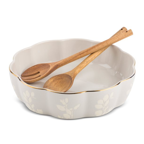 Thyme & Table 3-Piece Stoneware & Acacia Wood Serving Bowl Set, Harvest | Walmart (US)