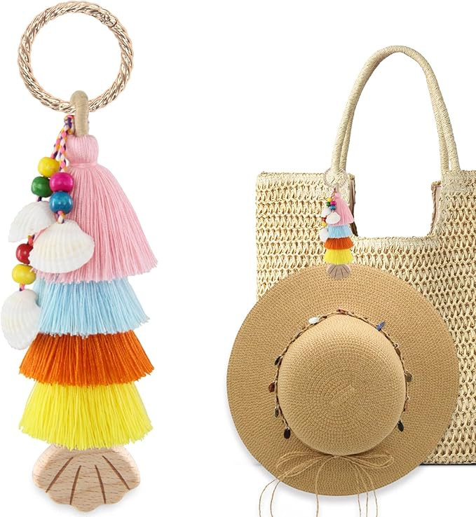 RUNROLE Handmade Tassel Bag Charm Keychain with Wooden Hat Clip for Travel on Bag, Travel Accesso... | Amazon (US)