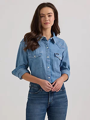 Women's Wrangler Retro® Long Sleeve Boyfriend Fit Embroidered Denim Snap Shirt in Blue Denim | Wrangler