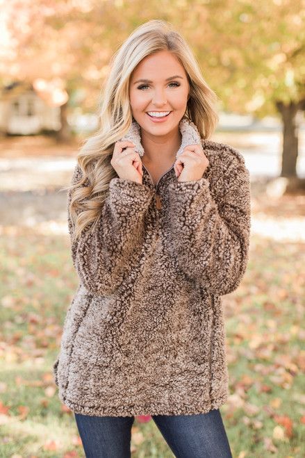 Snowy Daydreams Sherpa Quarter Zip Pullover Brown | The Pink Lily Boutique