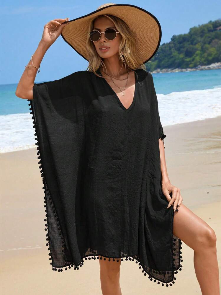 Swim Vcay Summer Beach Pom Pom Trim Batwing Sleeve Cover Up | SHEIN