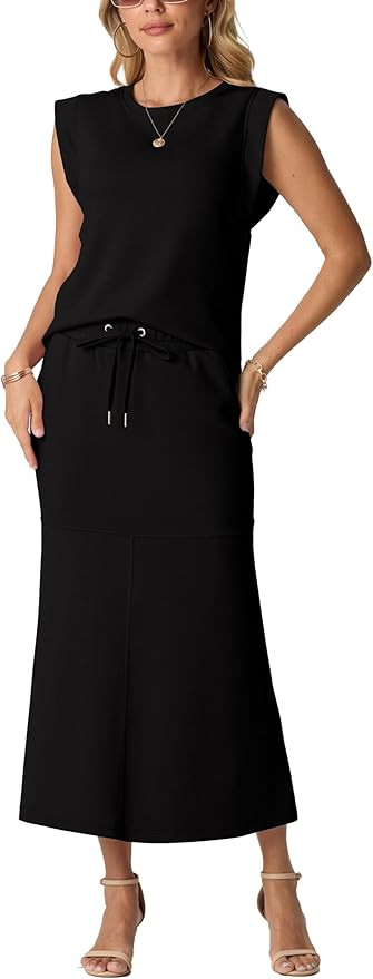 GRECERELLE Women Summer 2 Piece Sets Round Neck Wrinkle-Free Top & Elastic Waist Midi Fishtail Sk... | Amazon (US)