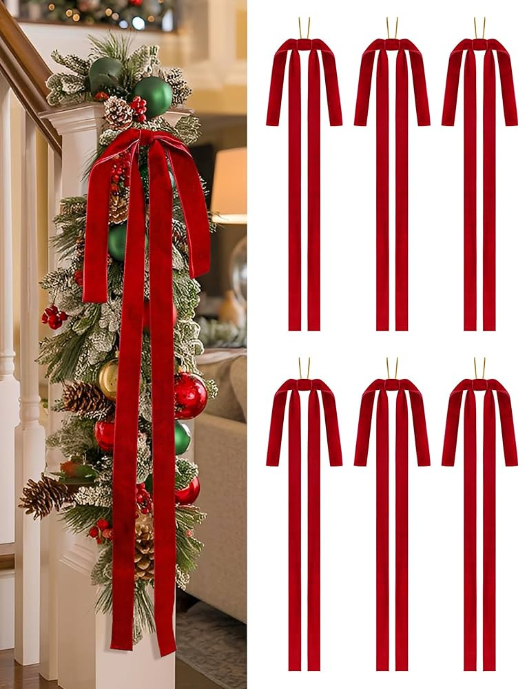 SIMISI RIBBON Red Long Velvet Bows Ornaments for Christmas Tree, Wreath, Garland, Swag, Staircase... | Amazon (US)