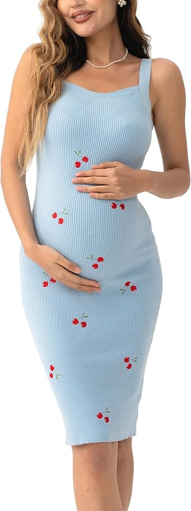 SUNNYBUY Women's 2025 Summer Cherry Embroidered Ribbed Knit Maternity Dress | Amazon (US)