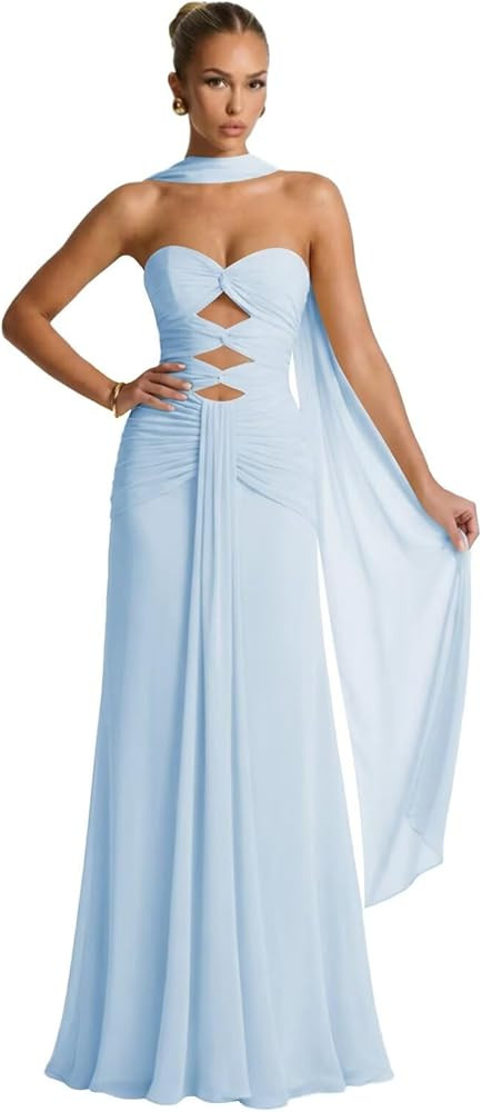 Draped Strapless Prom Dresses for Teens with Scarf Pleated Keyhole Chiffon Formal Bridesmaid Dres... | Amazon (US)