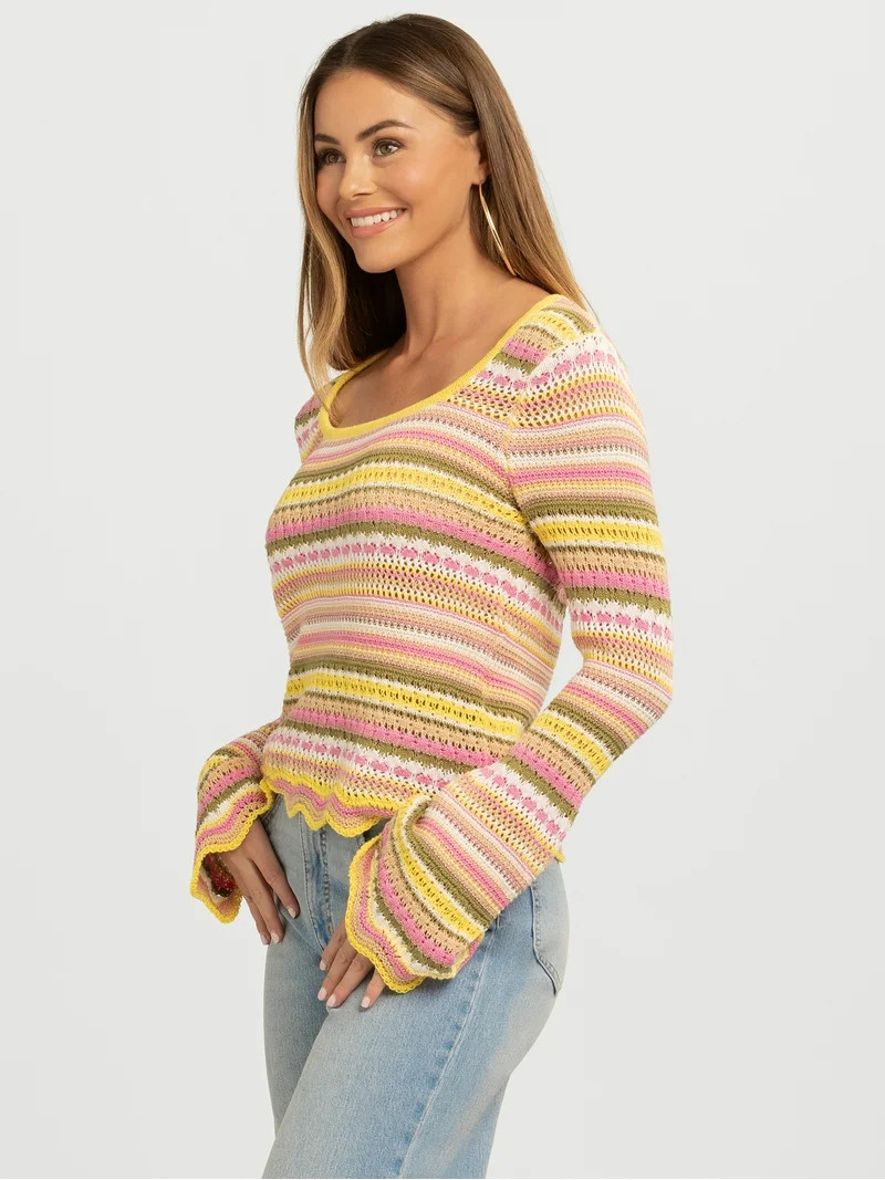 Jessica Simpson Women's Lilianna Cotton Pointelle Sweater with Long Sleeves, Lightweight, Sizes X... | Walmart (US)