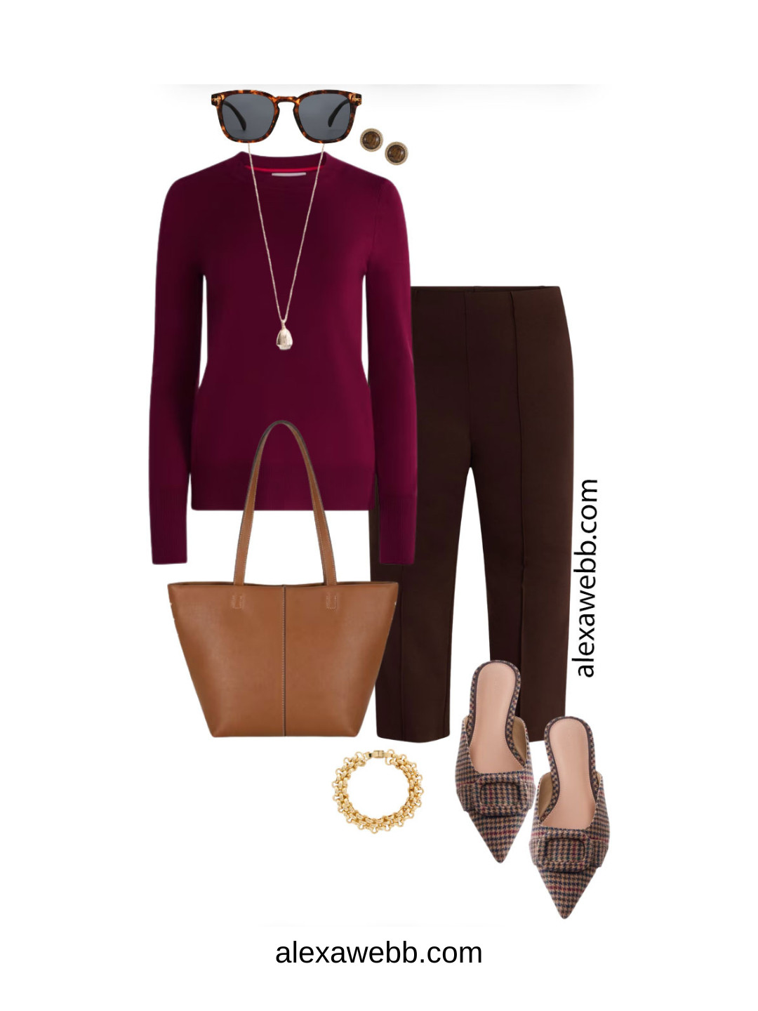 Plus Size Walmart Work Outfit Idea for Fall.  A plus size business casual outfit idea from Walmart with brown ponte knit cropped pants, a burgundy sweater, houndstooth mules, and a tan tote bag.  All on a budget.  All cute and profesh!  Alexa Webb #plussize 

 #LTKOver40 #LTKPlusSize #LTKWorkwear