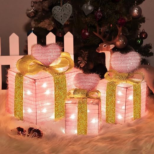 Christmas Light up Gift Boxes with Pink Heart, Light up Xmas Boxes with Battery Operated for Chri... | Amazon (US)