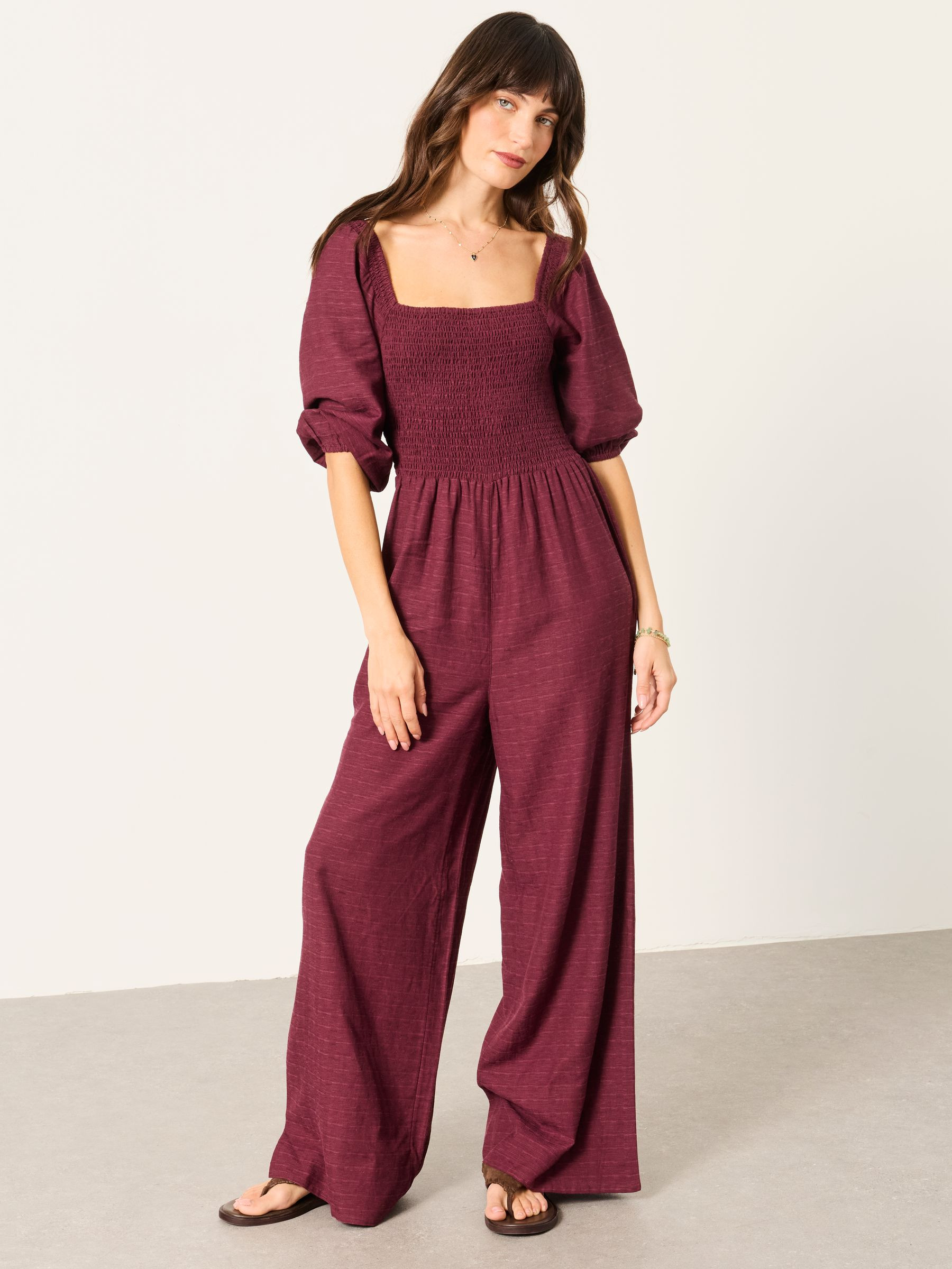 Adele Plum Purple Petite Shirred Jumpsuit | Fat Face
