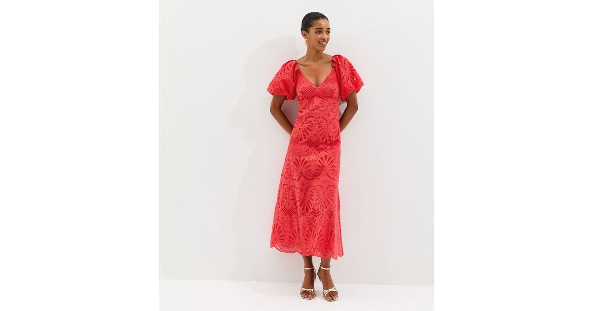 Dark Coral Cutwork Tie Back Midi Dress | New Look | New Look (UK)