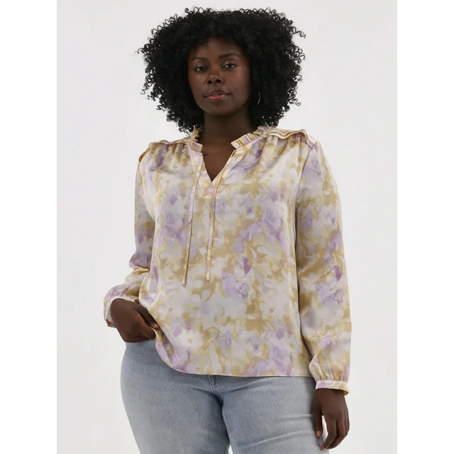 Time and Tru Women's and Women's Plus Size Silky Satin Ruffle Neck Blouse, Sizes XS-4X | Walmart (US)