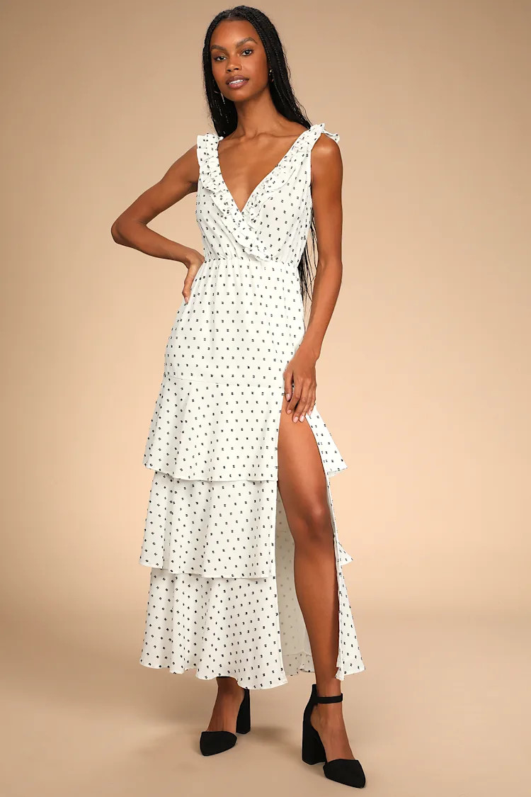 Truly Classic White Dotted Ruffled Tiered Midi Dress | Lulus (US)