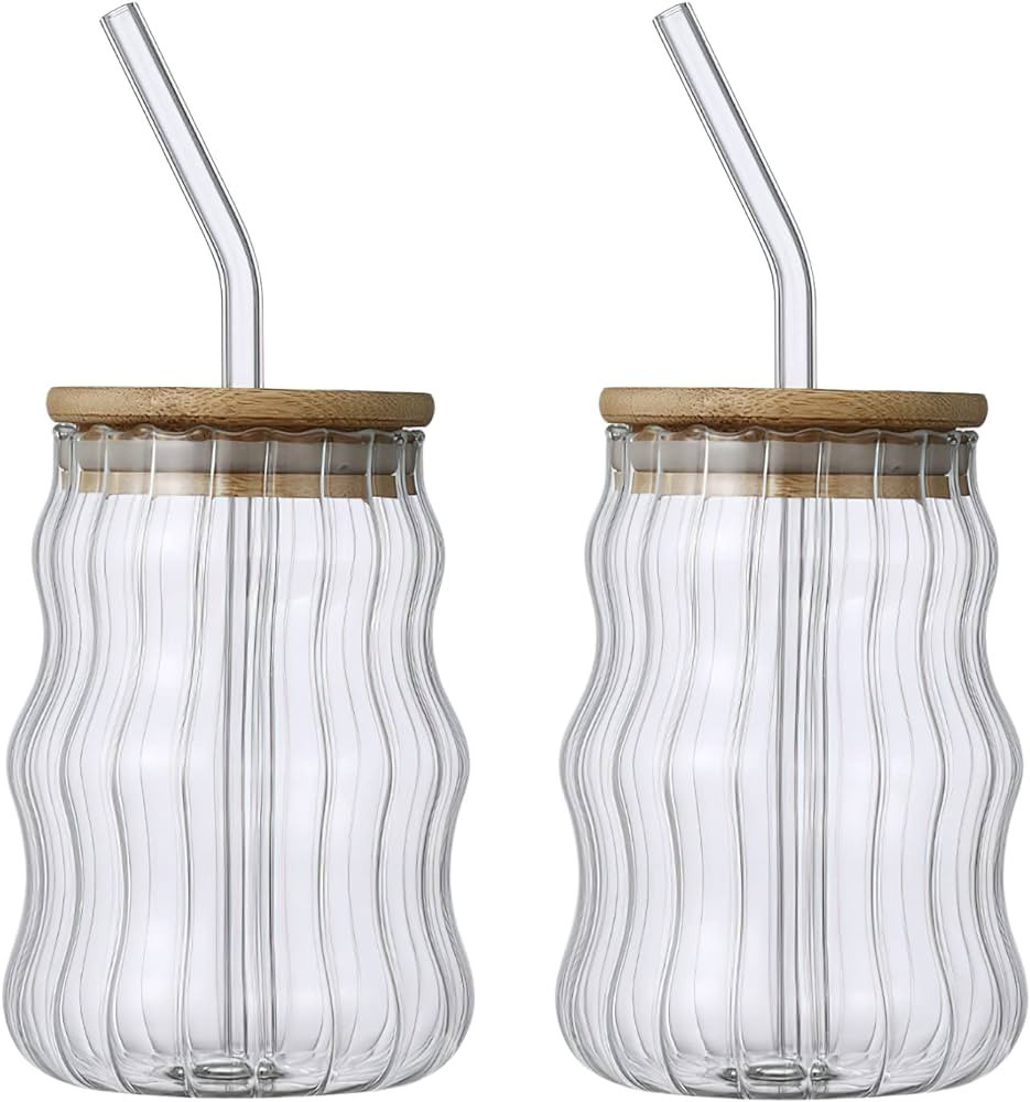 MANMAOHE 17oz Creative Drinking Glasses set of 2 Wave Shaped Glass Cups with Lids and Straws Beer... | Amazon (US)