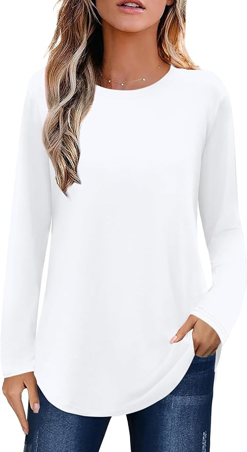 Elesomo Womens Shirts Casual Crew Neck Short/Long Sleeve Tunic Tops | Amazon (US)