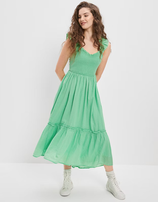 AE Flutter Sleeve Smocked Midi Dress | American Eagle Outfitters (US & CA)