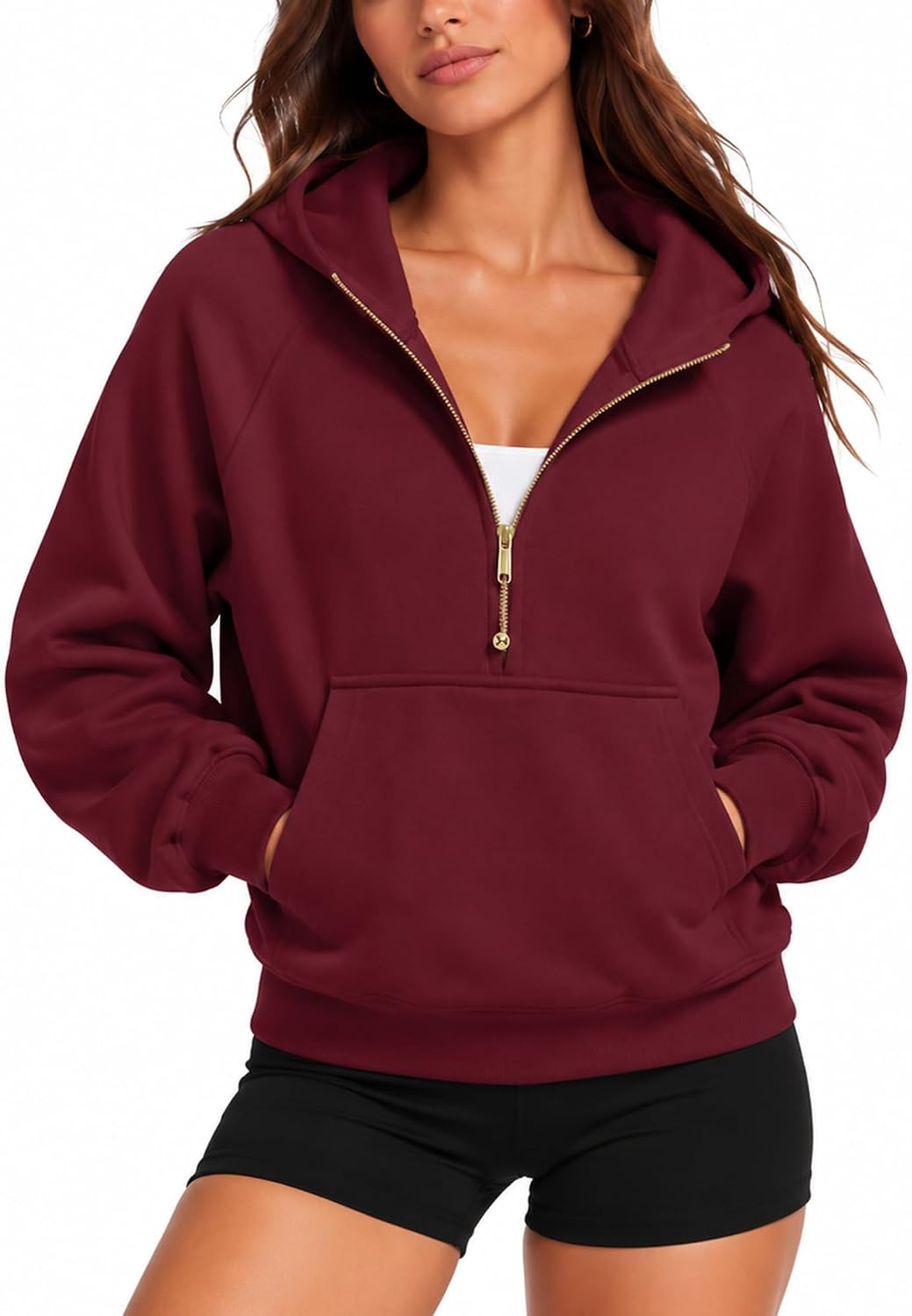 SUUKSESS Women Gold Half Zip up Cotton Hoodies Casual Pullover Sweatshirt | Amazon (US)