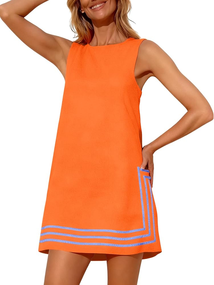 Womens Summer Boho A-Line Mini Dress Sleeveless Sundress Color Block Beach Coverups | Amazon (US)