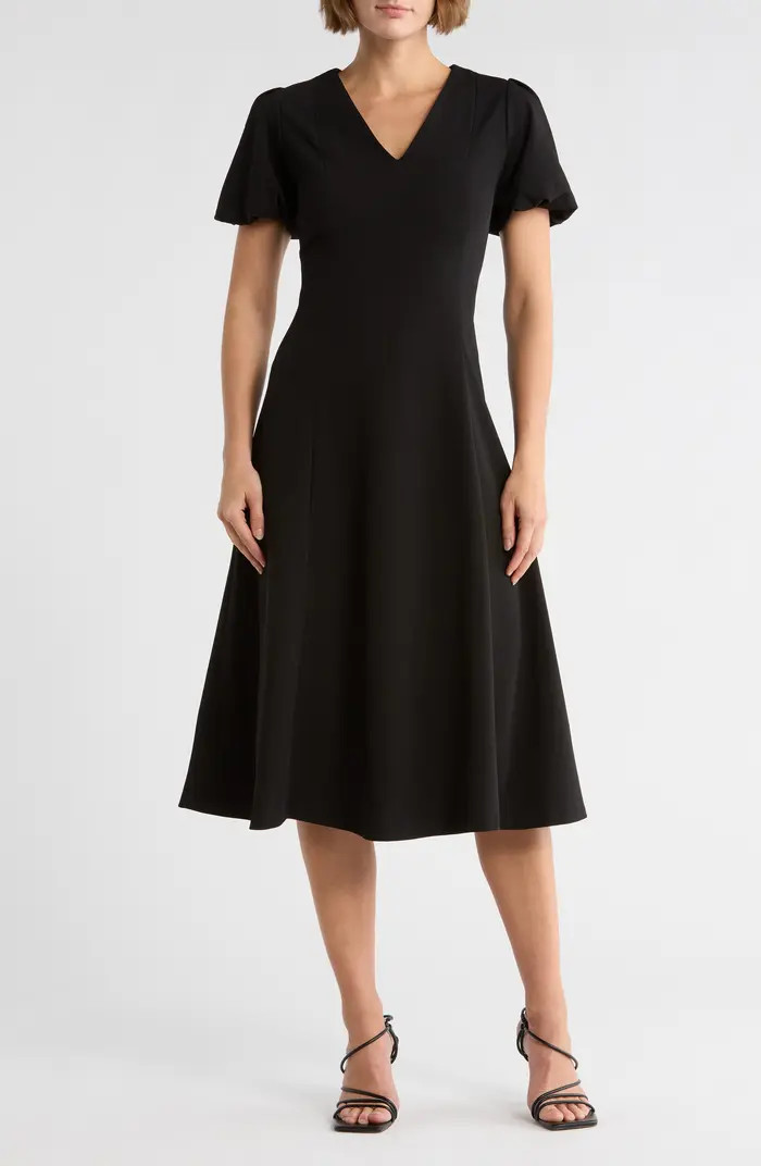 Puff Sleeve Fit & Flare Midi Dress | Nordstrom Rack