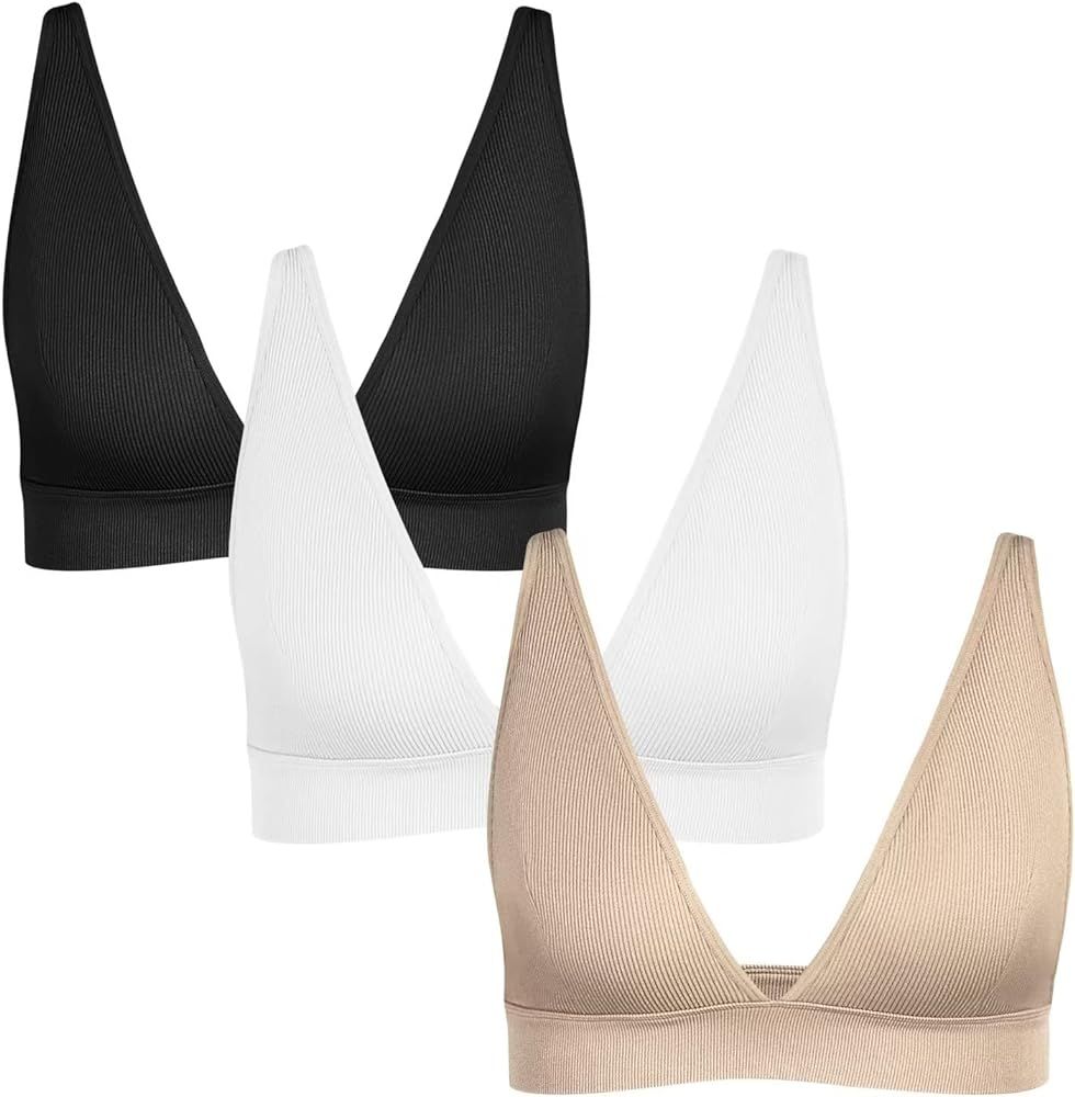 INIBUD Bralette for Women Summer Yoga Sports Ribbed Plunge Cami Bra Seamless V Neck Triangle Comf... | Amazon (US)