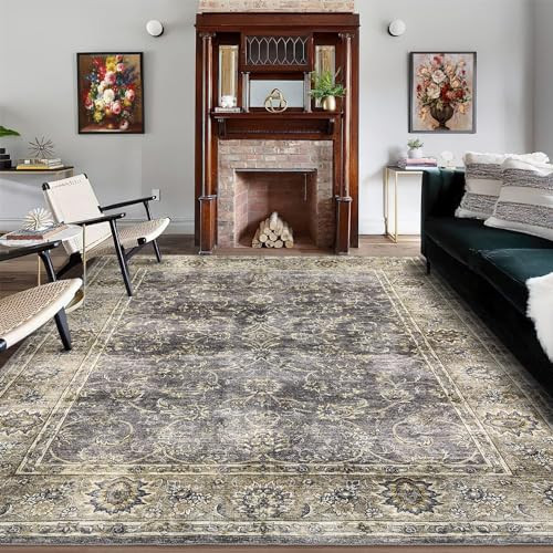 CAREMEE Washable Rugs 8 x 10 Area Rugs for Living Room Bedroom Non-Slip Vintage Floral Print Throw Rugs with Rubber Back Stain Resistant Low Pile No Shed Large Dining Room Rug for Under Table, Brown | Amazon (US)