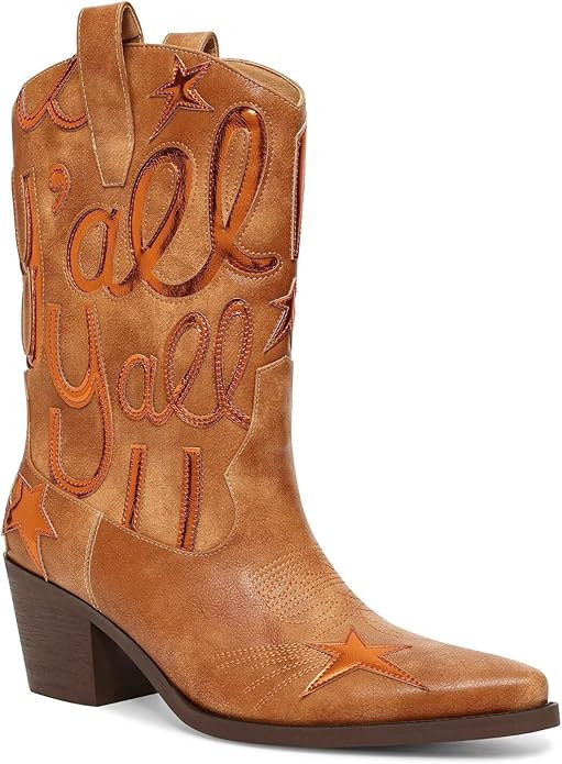 Metallic Cowboy boots for Women Mid Calf Low Heel Pointed Toe Womens Cowgirl Boots Fashion Embroi... | Amazon (US)