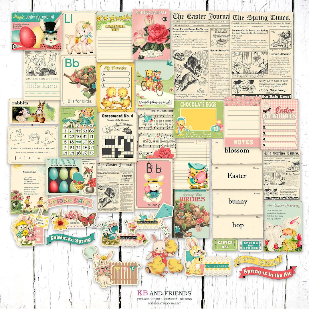 Retro Easter Spring Digital Ephemera & Journaling Cards for Crafts / Vintage Rabbits, Children / ... | Etsy (US)