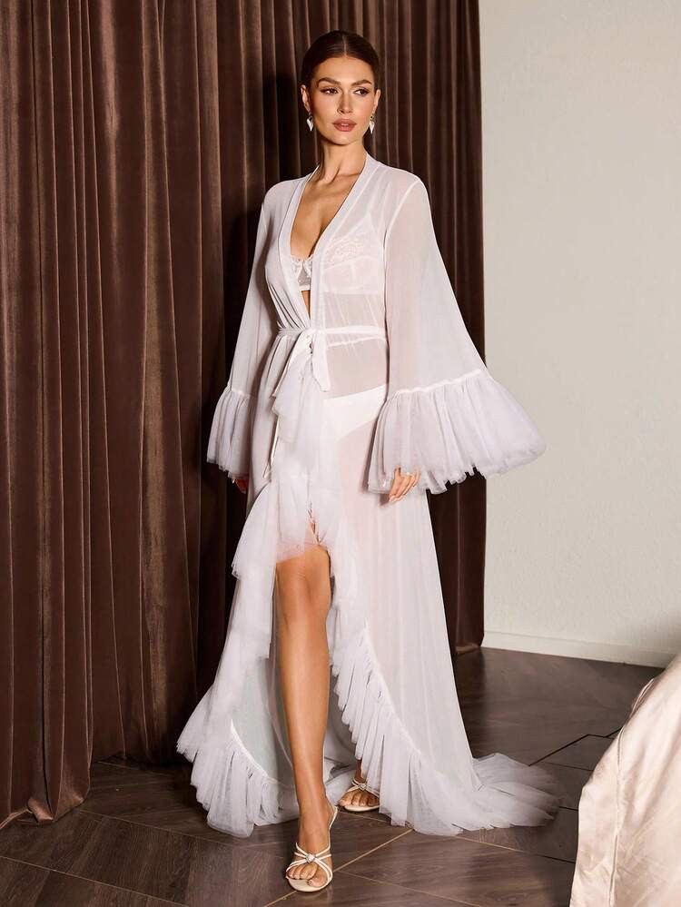 Luxuriöser Damen Morgenmantel, Extra Langer & Überschnittener Rock Saum Für Elegantes Aussehen, Puffärmel & Rüschen Saum Transparenter Bademantel Jacke | SHEIN