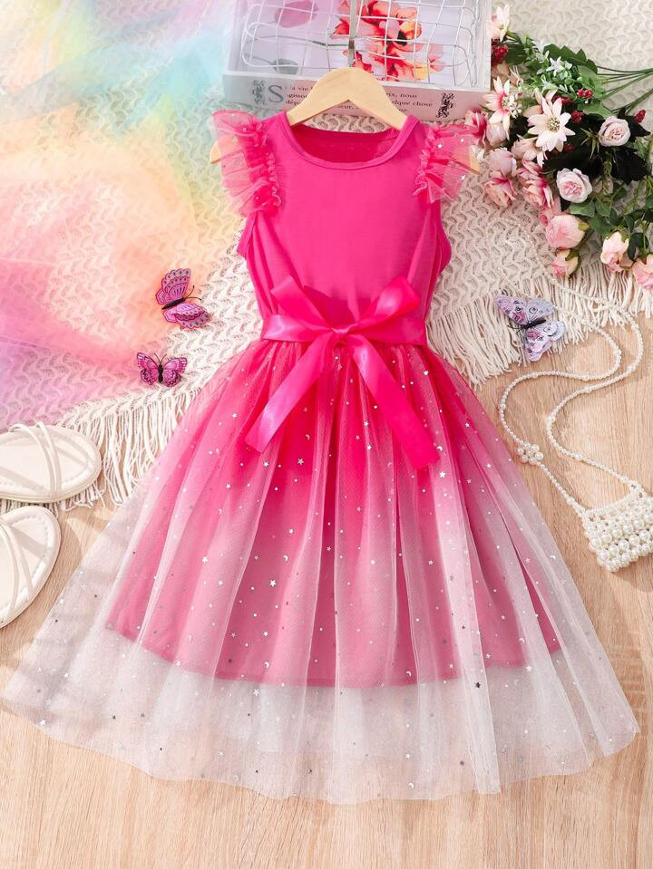 SHEIN Tween Girl Contrast Mesh Ruffle Trim Belted Dress | SHEIN USA | SHEIN