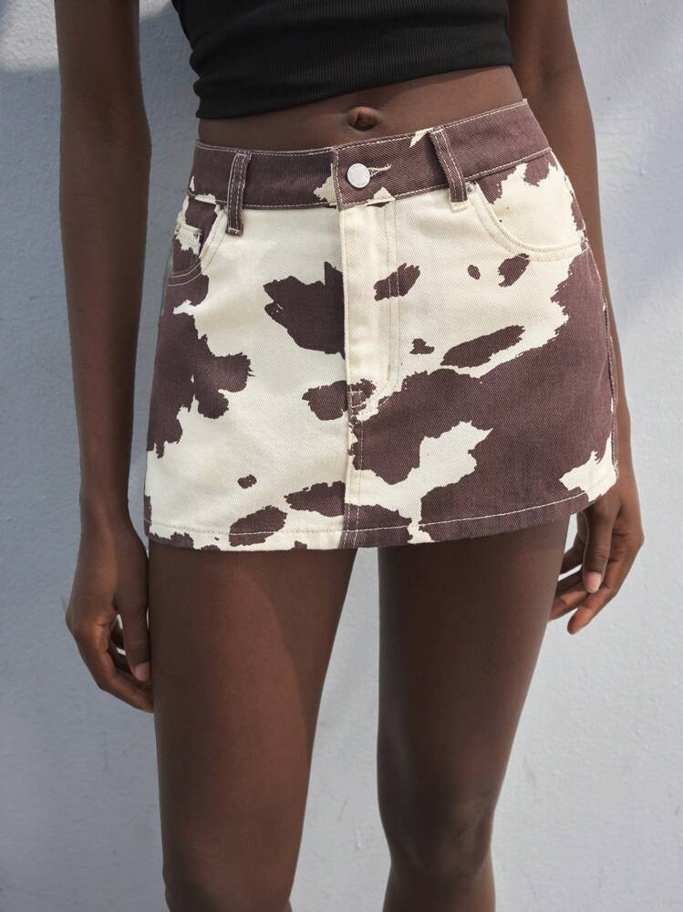 Maija Women Denim Mini Skirt With Cow Print Pattern, Y2K Style, Suitable For Music Concerts, Back To School, Streetwear | SHEIN