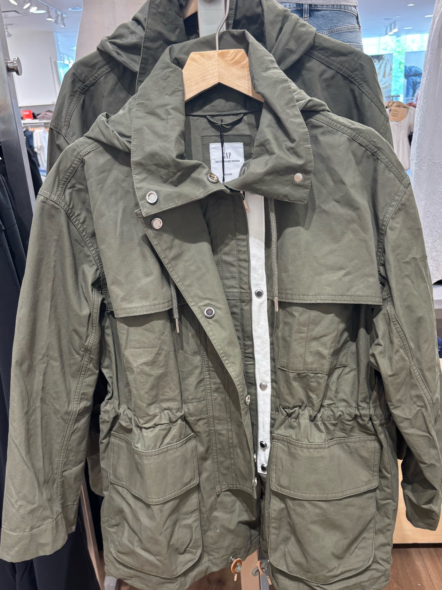 Gap x Victoria Beckham collab 
Army green jacket 
Has a skirt to match 

#LTKSeasonal #LTKOver40 #LTKootd