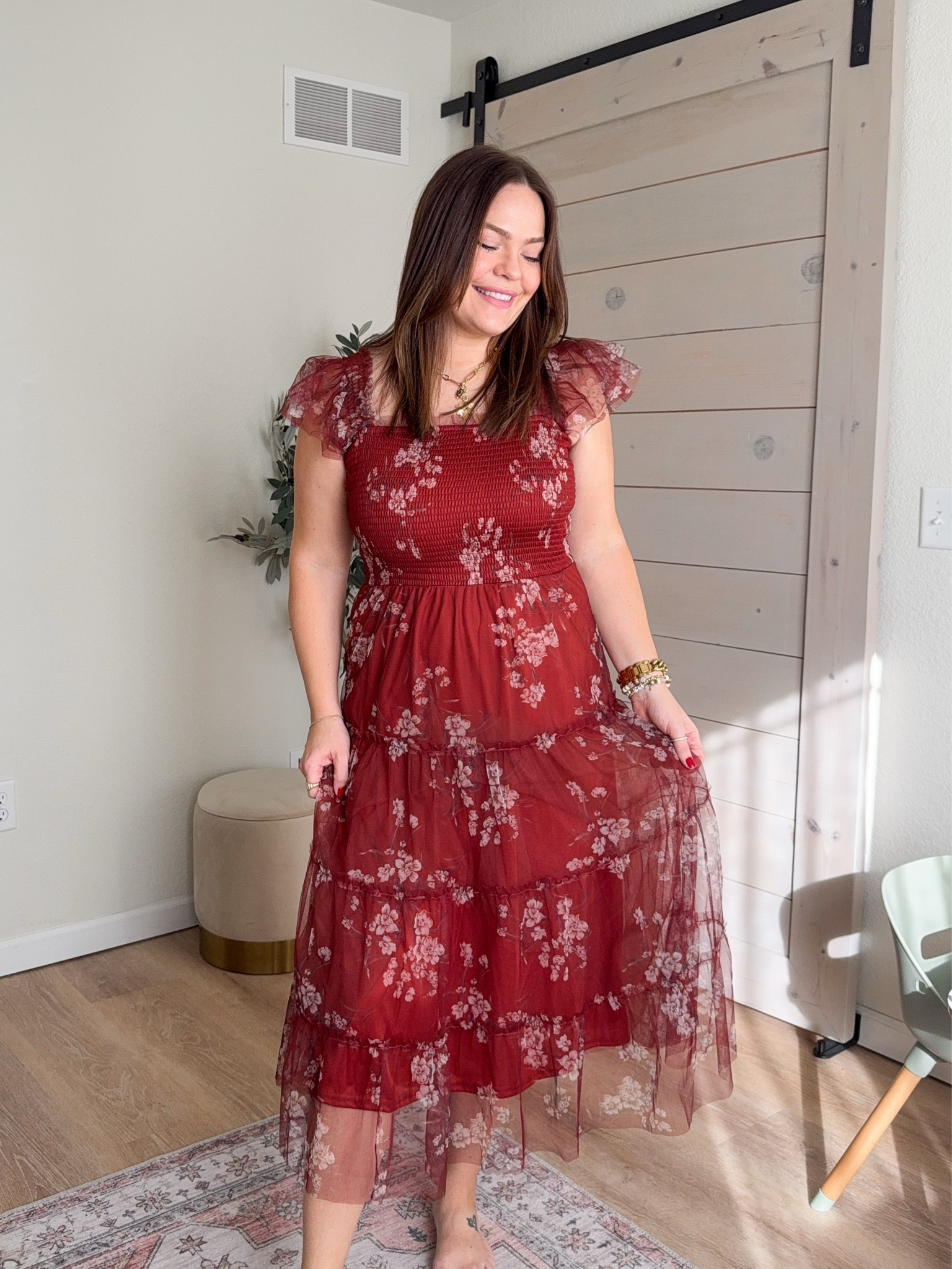 The cutest burnt red floral dress for any event year round - just add a shawl or cardigan with boots for the colder months // use code KELSIE15 for 15% off / true to size / wedding guest dress / winter wedding guest dress / summer wedding guest dress / spring wedding guest dress /burgundy dresss#LTKHoliday

#LTKStyleTip #LTKMidsize