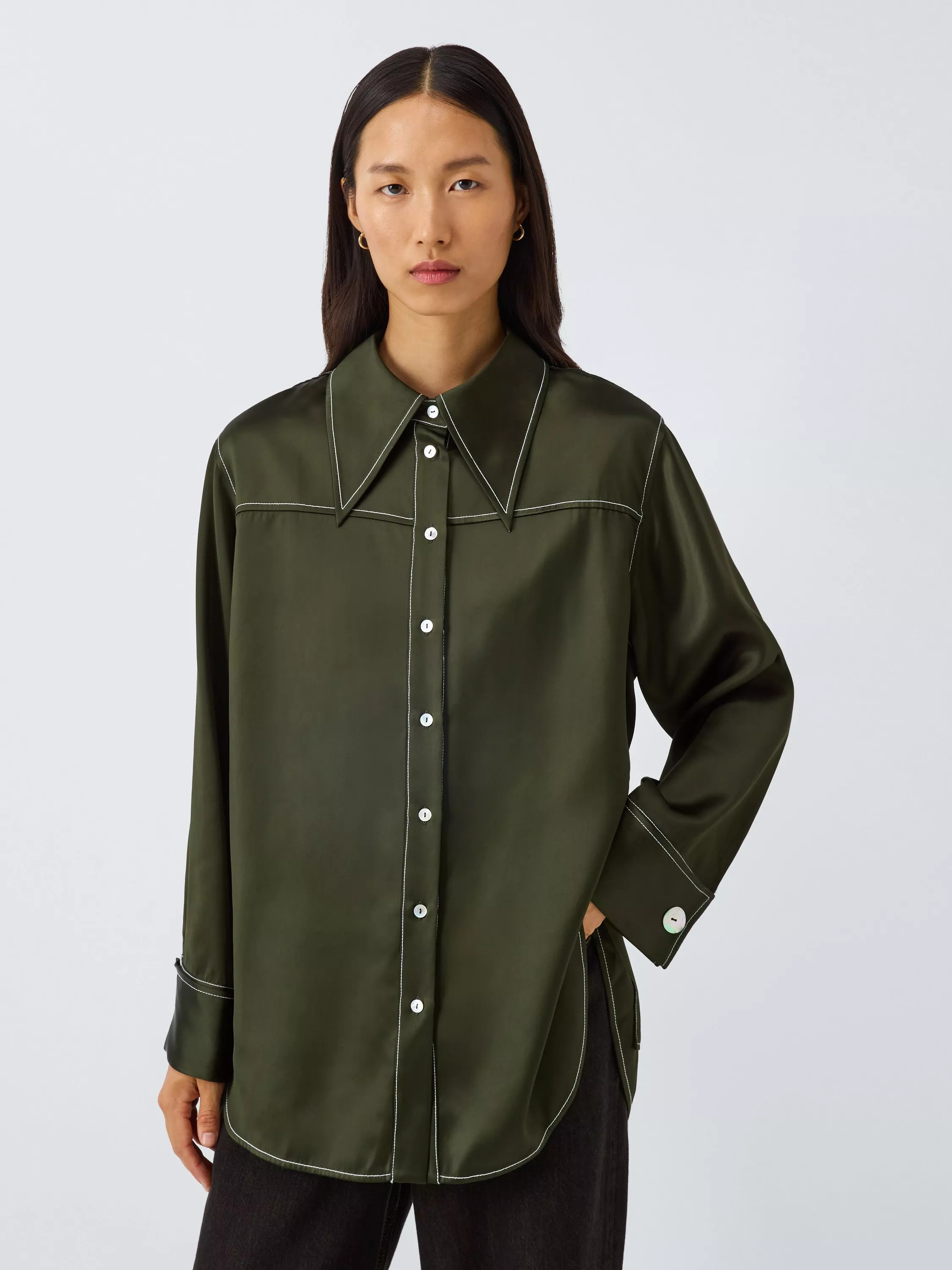 John Lewis x REJINA PYO Satin Contrast Stitch Reversible Pocket Detail Shirt, Olive Green | John Lewis (UK)