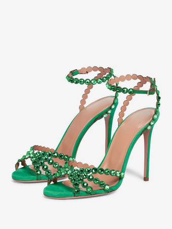 High Heel Sandals Green Open Toe Rhinestones Ankle Strap Stiletto Heel Prom Party Shoes | Milanoo