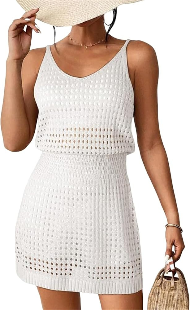 Swimsuit Coverup for Women Crochet Hollow Out Knit Beach Bathing Suit Swim Cover Ups Summer Mini ... | Amazon (US)