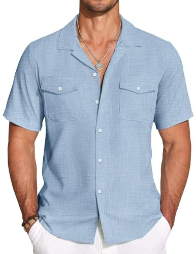 COOFANDY Mens Linen Beach Essentials Short Sleeve Button Down Desert Shirts Big and Tall Cuban Untucked Hemp Tops Attire | Amazon (US)