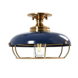 Presley - 1-Light Brushed Brass and Navy Blue Caged Metal Semi-Flush Mount Ceiling Light | The Home Depot