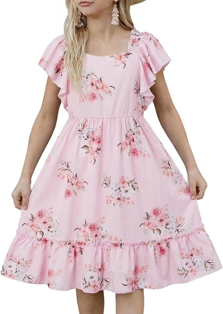 Haloumoning Girls Floral Summer Dress Kids Boho Ruffle Short Sleeve Square Neck Smocked Midi Dres... | Amazon (US)