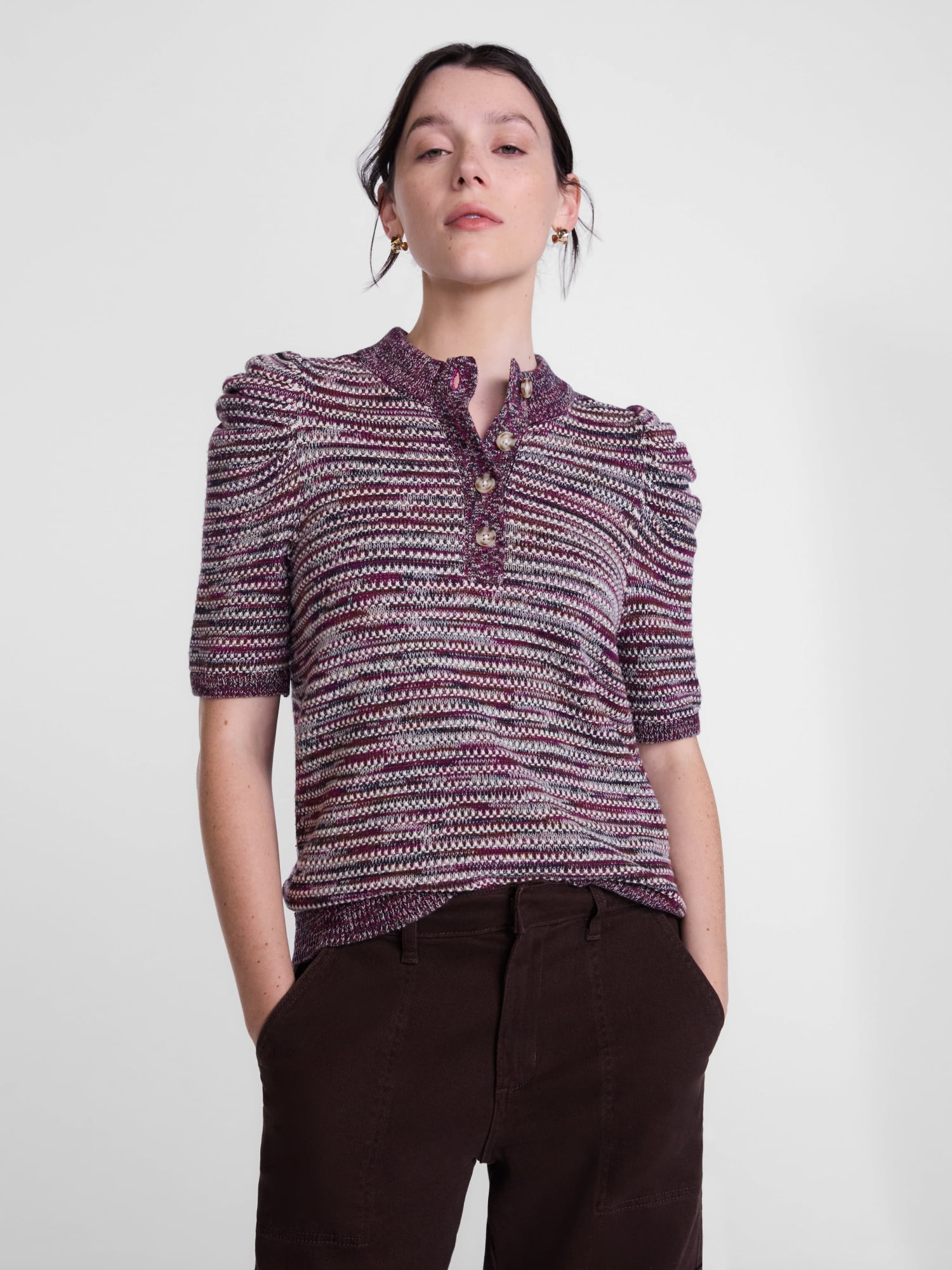 Scenario Women's and Women's Plus Henley Sweater with Puff Sleeves, Lightweight, Sizes XS-4X | Walmart (US)