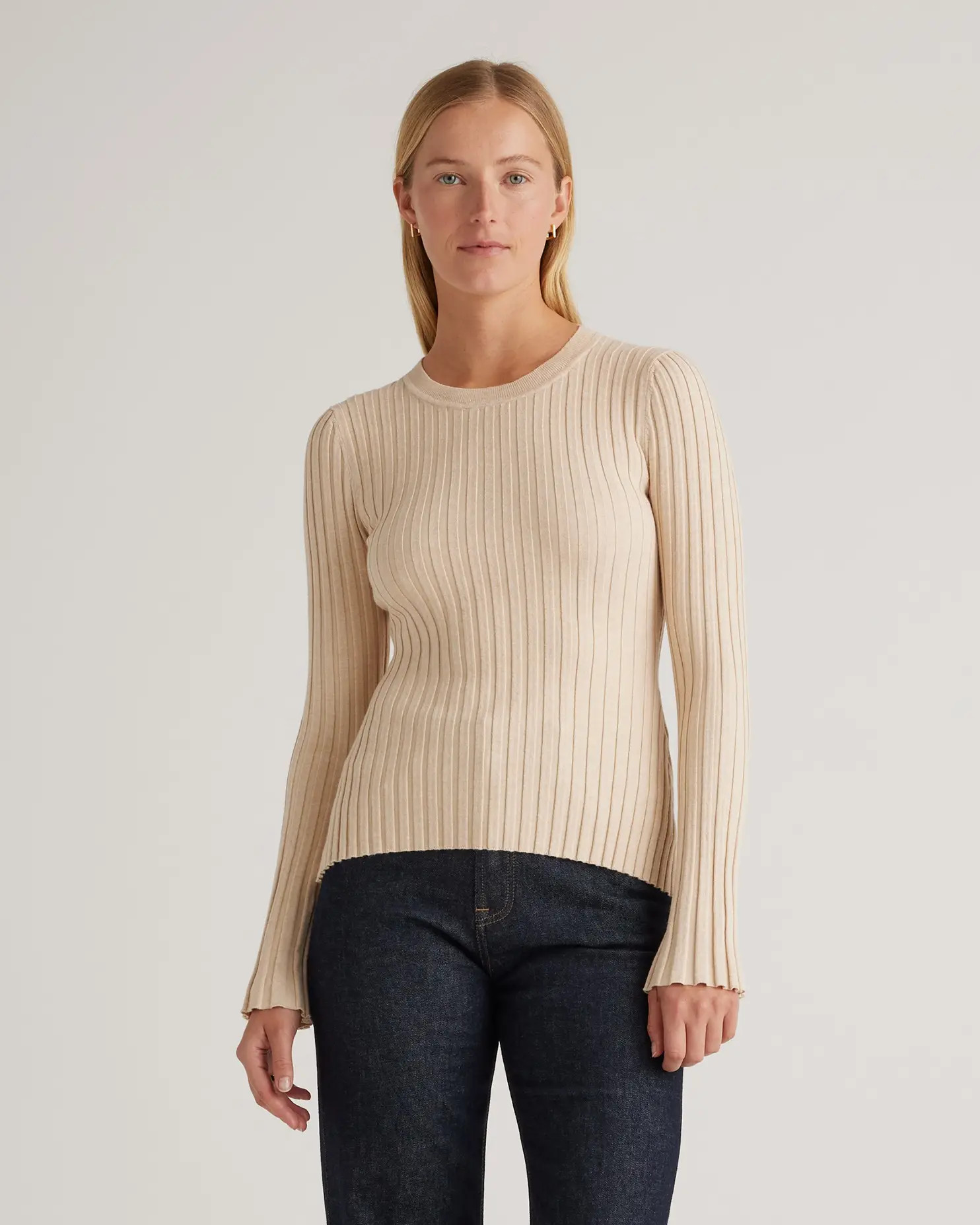 Cotton Cashmere Ribbed Long Sleeve Sweater  in Heather Oatmeal | Quince