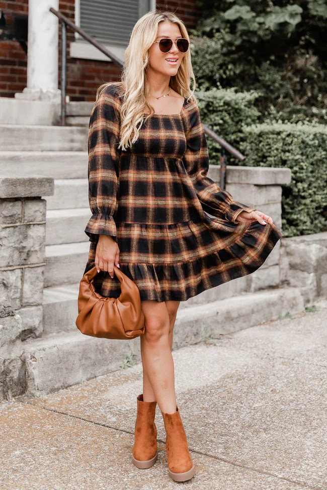 Your Time To Shine Brown Plaid Long Sleeve Smocked Bust Mini Dress | Pink Lily