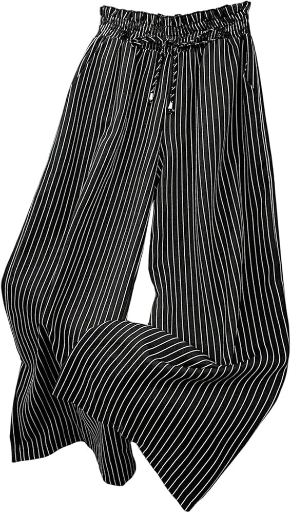 SHENHE Women's Striped Wide Leg Paper Bag Pants High Waisted Drawstring Loose Palazzo Pants | Amazon (US)