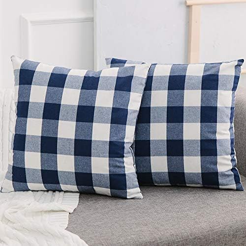 NATUS WEAVER 2 Piece Navy Blue White Cotton Buffalo Checker Farm House Plaid Square Throw Pillow ... | Amazon (US)