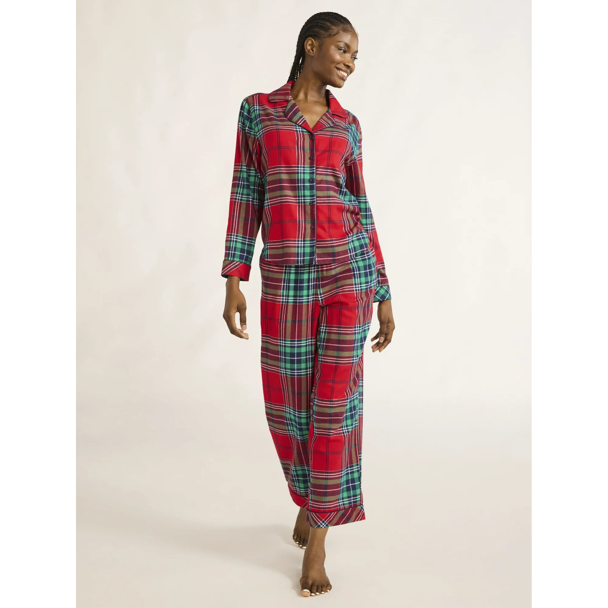 Joyspun Women's Flannel Long Sleeve Top and Pants Pajama Set, 2-Piece, Sizes XS-3X | Walmart (US)