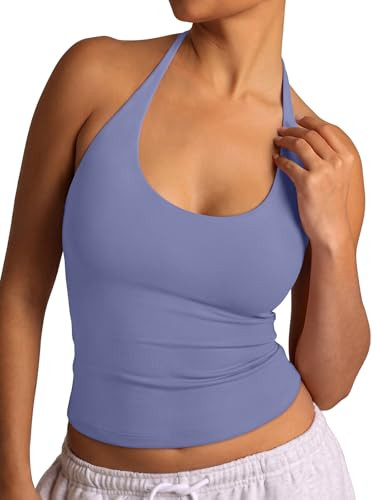 REORIA Women's Halter Tank Tops Basic Tie Scoop Neck Backless Double Lined Going Out Outfits Cute Summer Trendy Sleeveless Shirts English Manor Blue | Amazon (US)