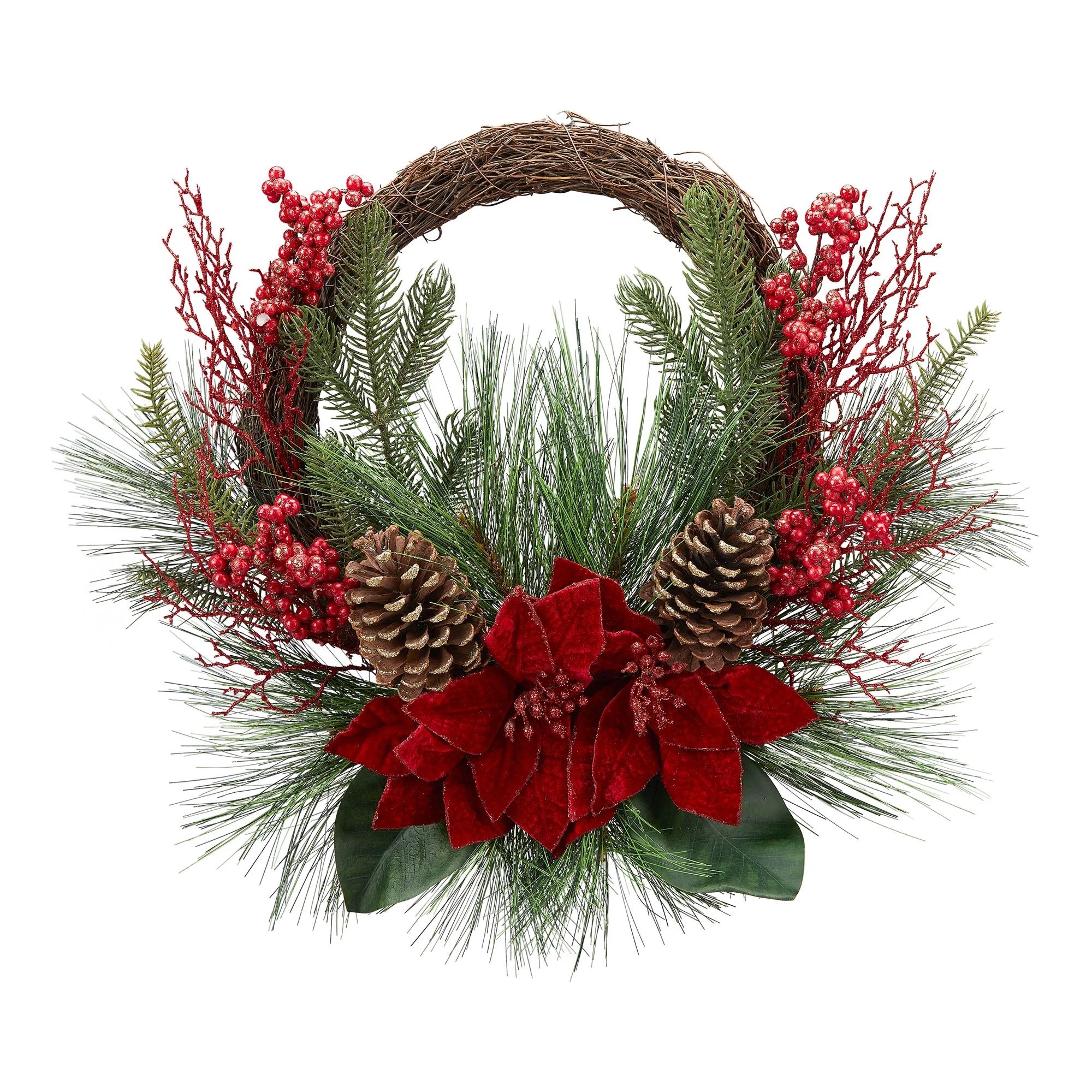 Holiday Time Poinsettia and Pine Cone Vine Wreath, 22" | Walmart (US)