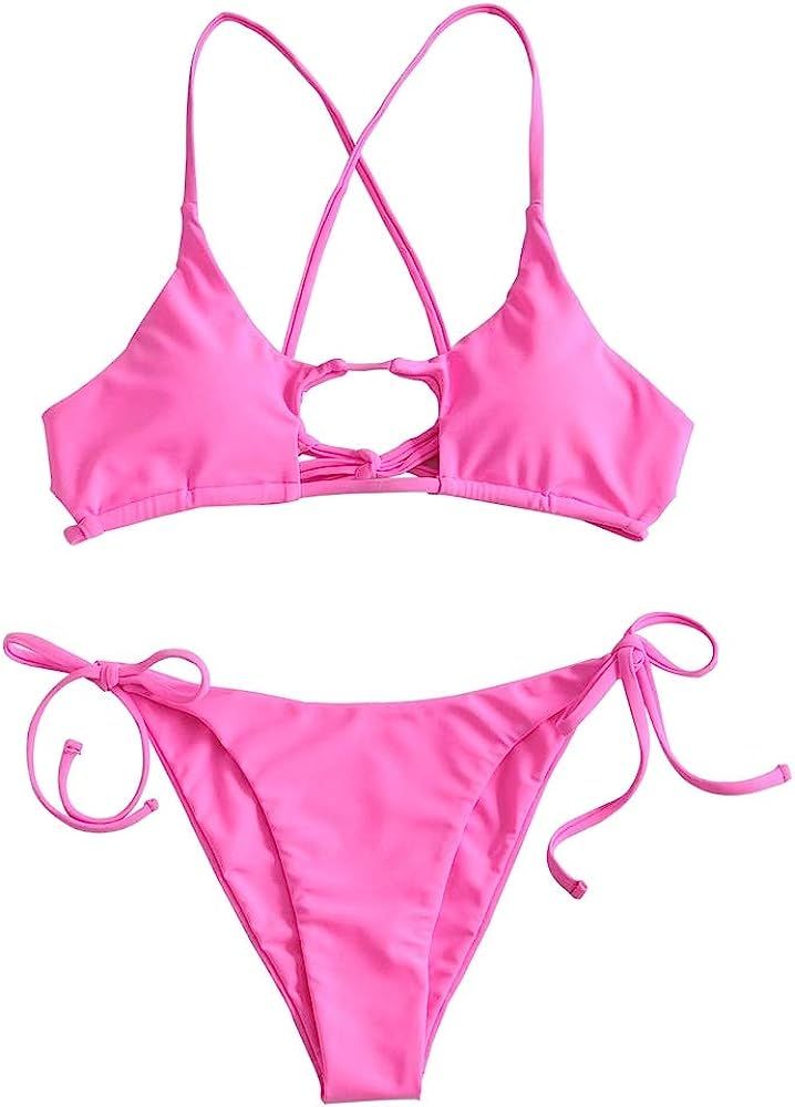 ZAFUL Women Swimsuit Ribbed Cutout Bathing Suit Shell Halter High Cut Bikini Set | Amazon (US)