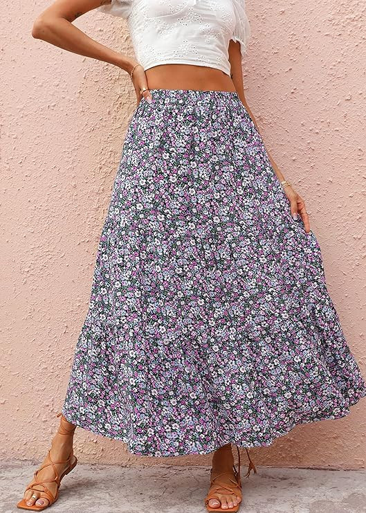 KIRUNDO Womens 2024 Spring Summer High Waist Boho Floral Maxi Skirt Casual Flowy Swing Pleated A ... | Amazon (US)